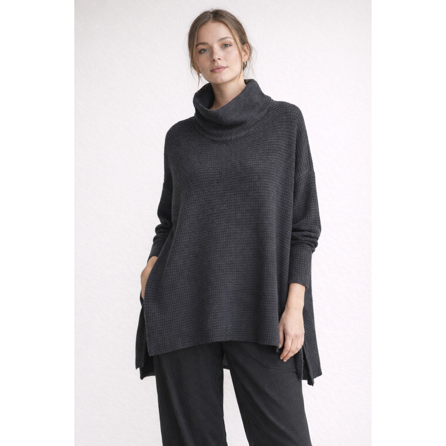 Eileen Fisher Oversized Waffle Cowl Neck Tunic Blk Xs Cotton Cashmere Minimalist